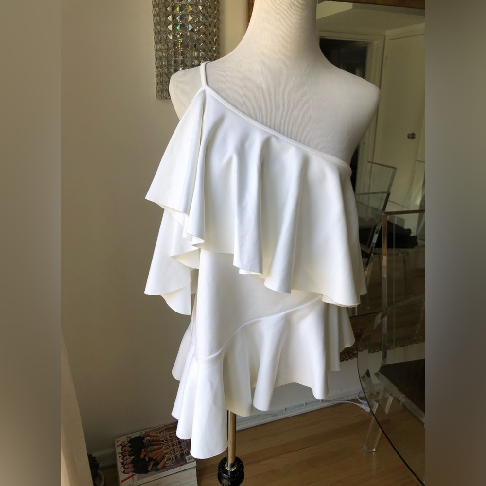 White One-Shoulder Ruffle Women's Top MK